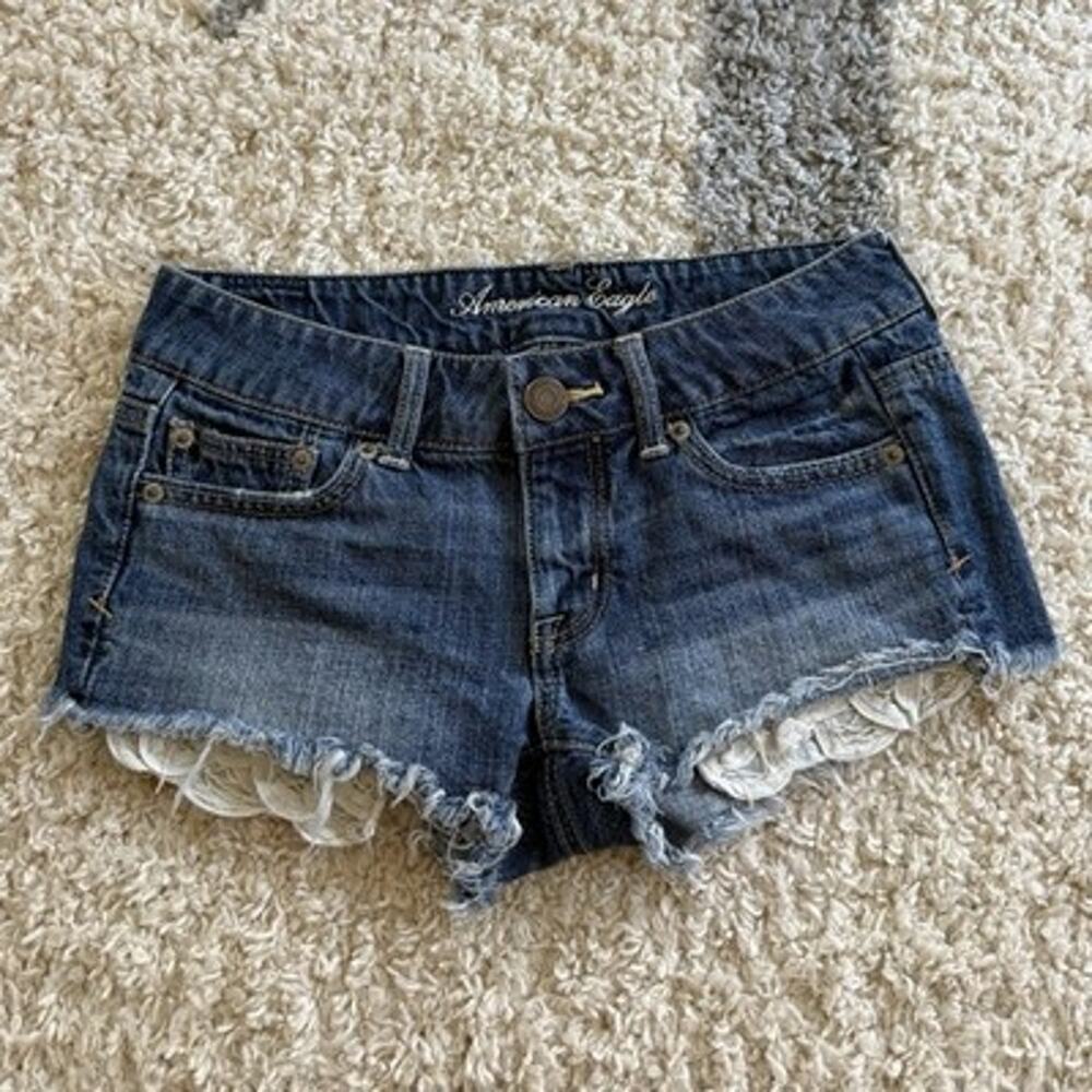 Y2K American Eagle Micro Mini Shorts Women 00 Blue Denim Low Rise Crochet Pocket